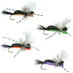 Hippie Stomper size 14 foam dry fly sampler by The Fly Fishing Place with green, orange, tan, and purple trout dry flies for fly fishing