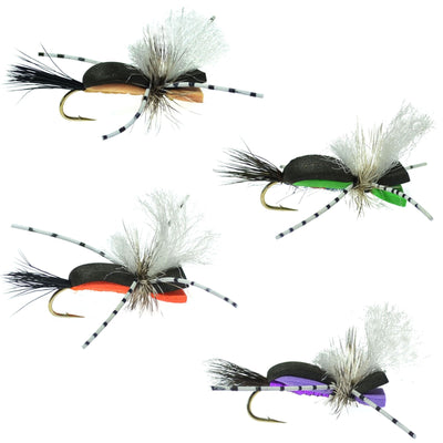 Hippie Stomper size 14 foam dry fly sampler by The Fly Fishing Place with green, orange, tan, and purple trout dry flies for fly fishing