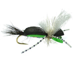 Four Hippie Stomper black and green foam dry fly fishing flies in size 10 for trout fishing by The Fly Fishing Place