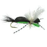 Set of four Hippie Stomper black and green foam grasshopper dry flies, size 14, used for fly fishing.