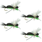 Set of four Hippie Stomper black and green foam grasshopper dry flies, size 14, for fly fishing by The Fly Fishing Place