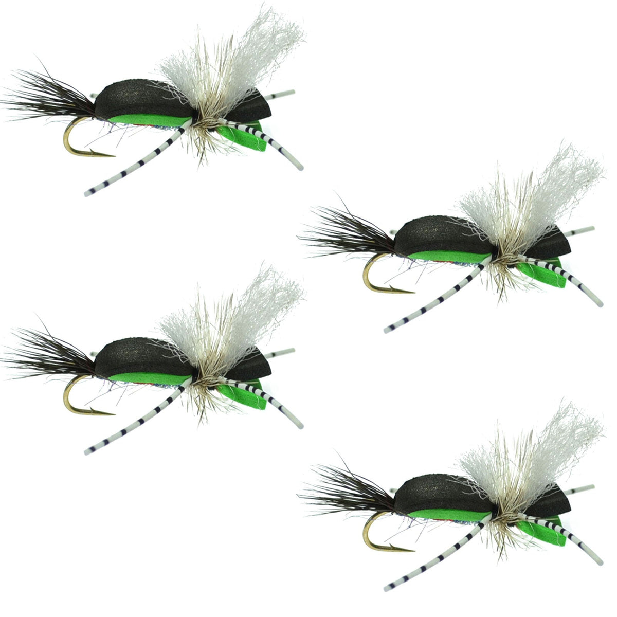 Set of four Hippie Stomper black and green foam grasshopper dry flies, size 14, for fly fishing by The Fly Fishing Place