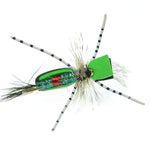 Black and green foam grasshopper dry fly, size 14, with detailed underside view for hippie stomper fly fishing by The Fly Fishing Place