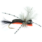 Black and orange foam body grasshopper dry fly for trout fishing, size 14, by The Fly Fishing Place, with four flies in the sampler pack.