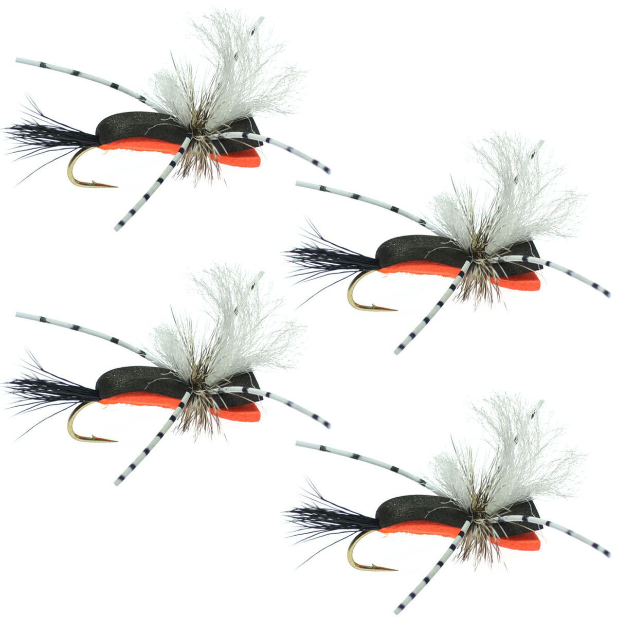 Set of four black and orange foam grasshopper dry flies for fly fishing, size 10, from The Fly Fishing Place.