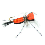 Black and orange foam grasshopper dry flies, size 10, from The Fly Fishing Place, showing underside details for fly fishing.