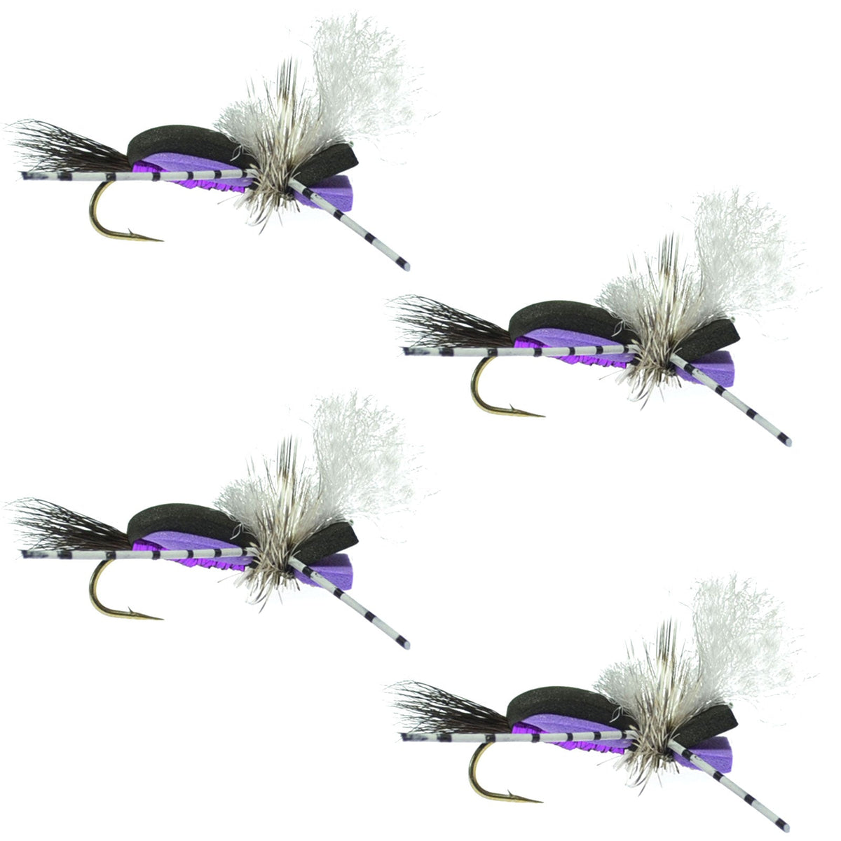 Set of four Hippie Stomper black and purple foam grasshopper dry flies for fly fishing, size 10, by The Fly Fishing Place.