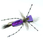 Four black and purple foam grasshopper dry flies, size 14, designed for fly fishing, showcasing the Hippie Stomper pattern.