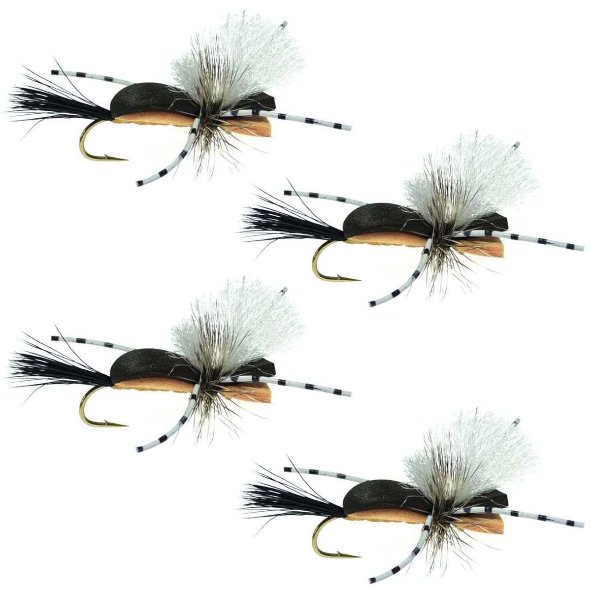 Set of four Hippie Stomper black and tan foam dry flies for fly fishing, size 10, from The Fly Fishing Place.