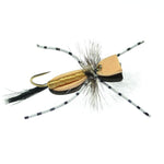Black and tan foam grasshopper dry fly with size 10, designed for fly fishing, featuring realistic terrestrial insect details.