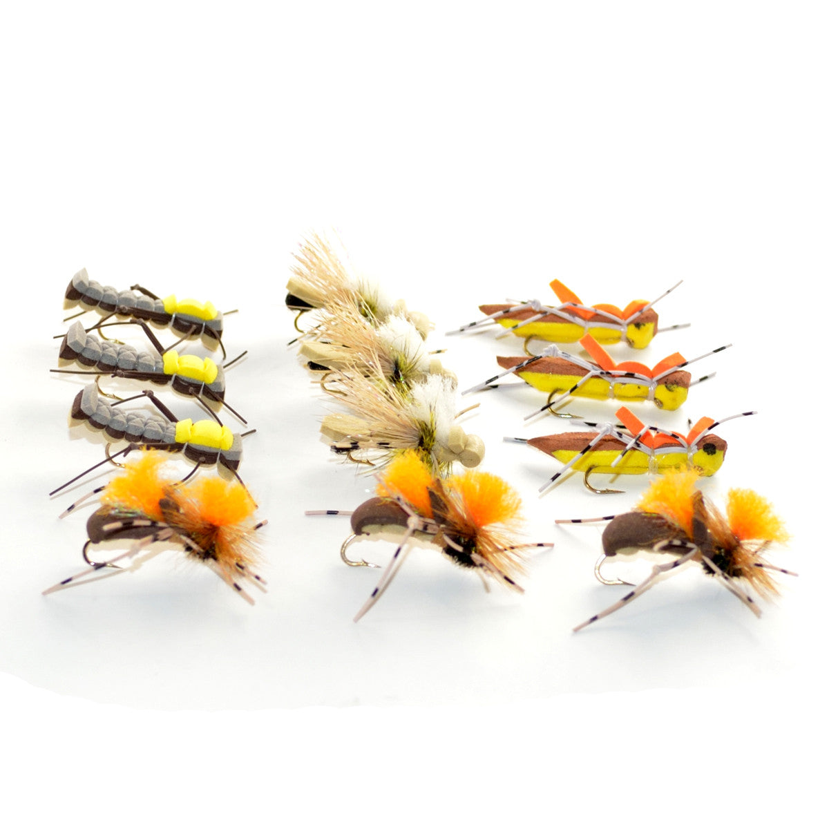 Assorted trout fly collection featuring dropper hopper foam body flies with four patterns for trout fishing by The Fly Fishing Place