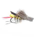 Four Daves Hopper yellow foam body grasshopper dry flies for trout fishing, size 12, with realistic foam bodies and hook details.