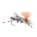 Three purple foam hopper fly fishing flies with hook size 10, designed for trout dry fishing, by The Fly Fishing Place.