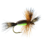 Three chartreuse Humpy dry flies with hair wings, size 14, designed for trout fishing, featuring barbless hooks.