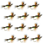 Set of 12 Chartreuse Humpy Classic Dry Flies for trout fishing, featuring hook size 10, by The Fly Fishing Place.