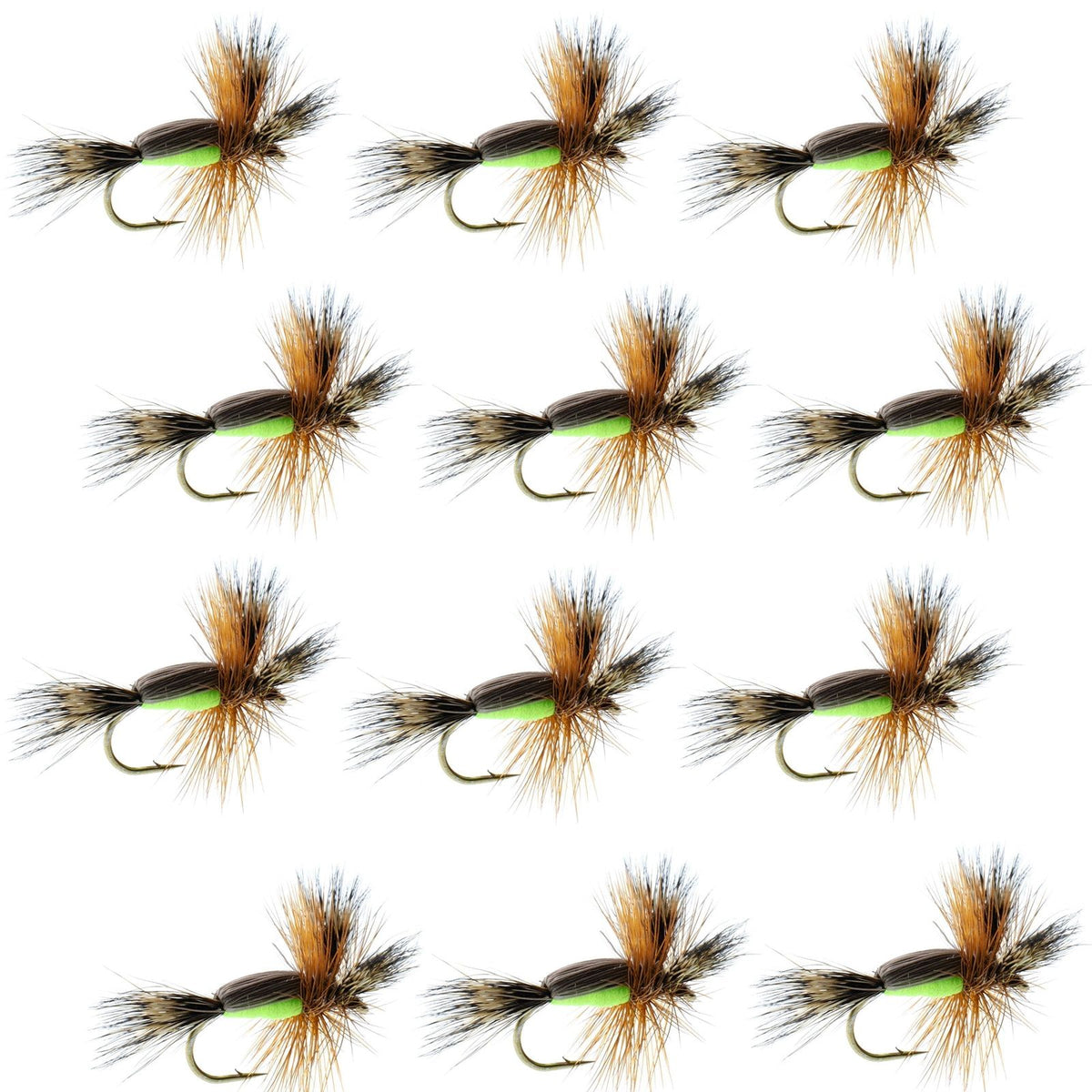 Chartreuse Humpy Classic Dry Fly set of 12 trout fishing flies with size 14 hooks, designed for fly fishing by The Fly Fishin
