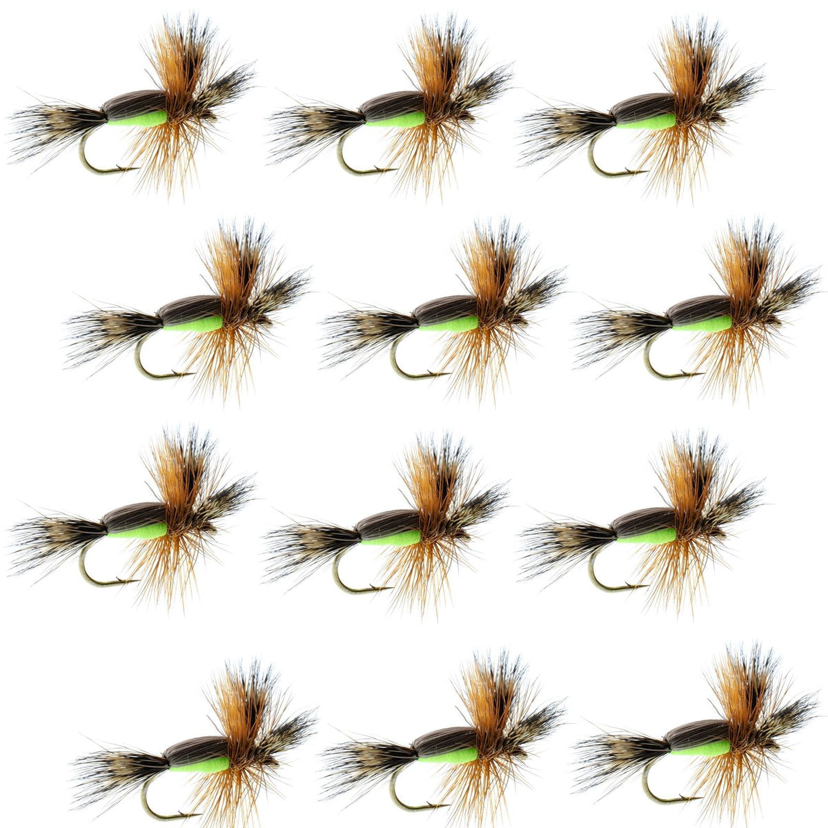 Chartreuse Humpy Classic Dry Fly for trout fishing, set of 12 flies with size 16 hooks, by The Fly Fishing Place.