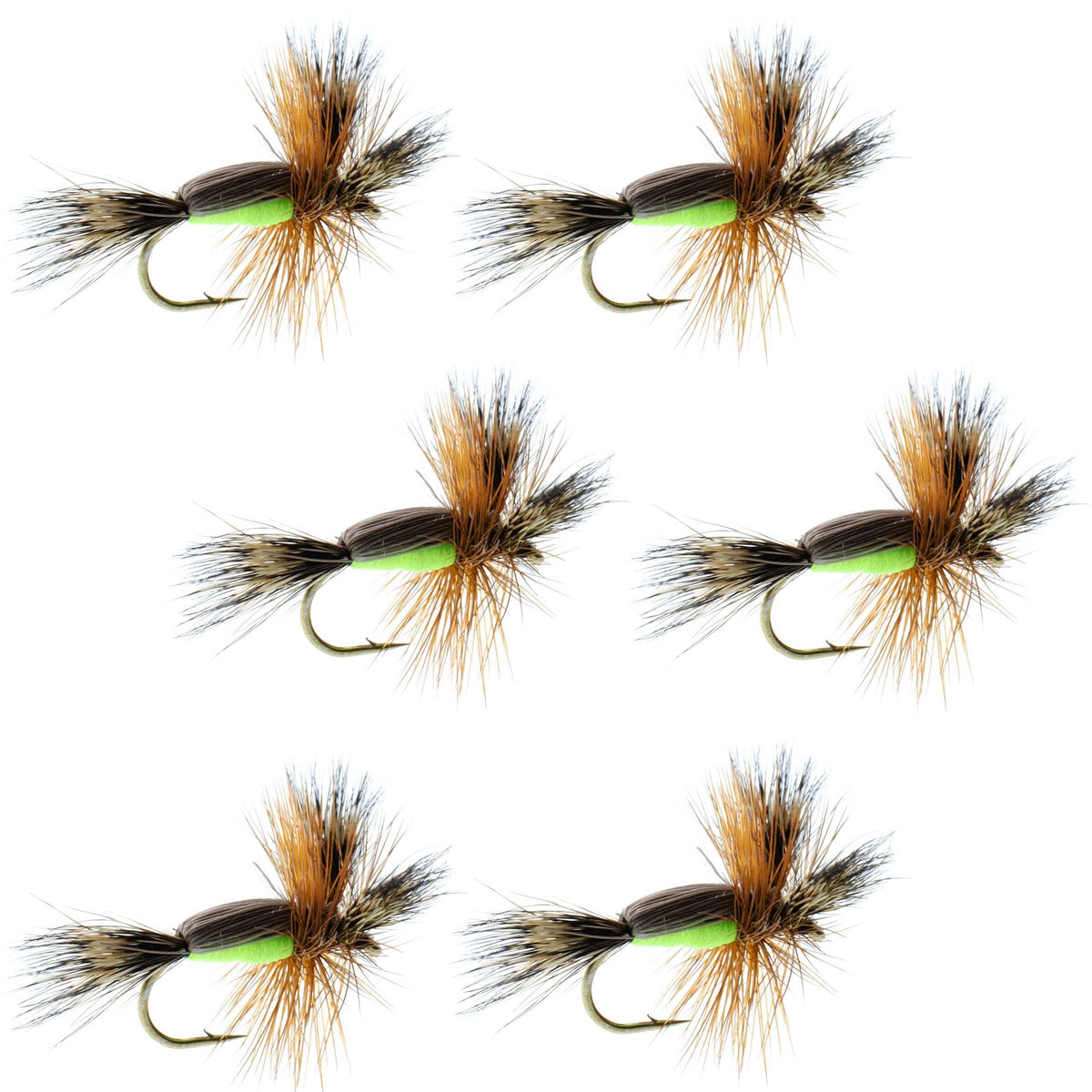 Set of six Chartreuse Humpy dry flies for trout fishing, featuring classic hair wing design and size 16 hooks.