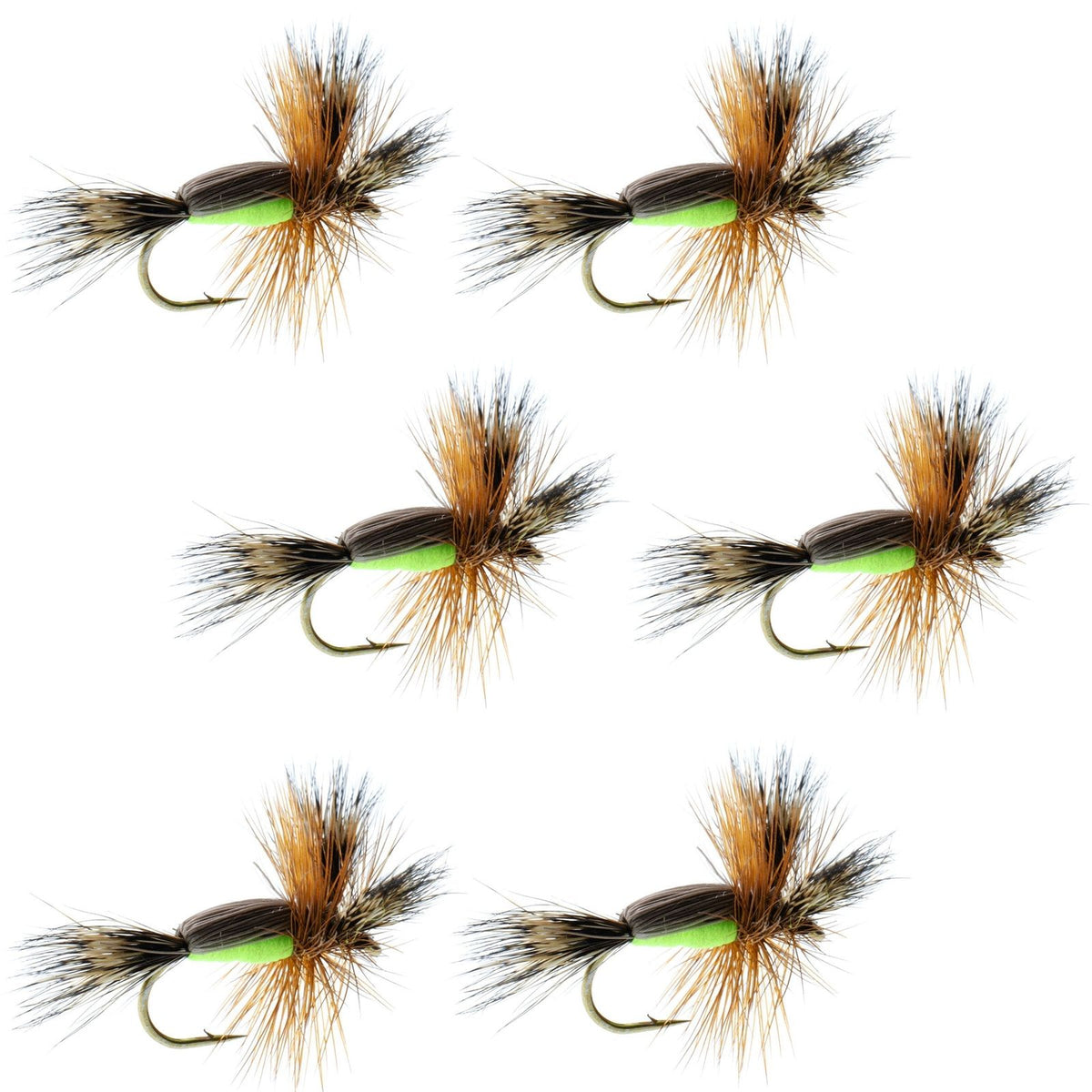 Set of 6 Chartreuse Humpy Classic Trout Dry Flies with size 12 hooks, designed for fly fishing by The Fly Fishing Place.