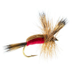 Red Humpy Classic Dry Fly for trout fishing, hook size 12, from The Fly Fishing Place, with vibrant red color and realistic wing design.
