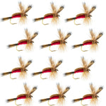 Set of 12 Red Humpy Classic Dry Fly fishing flies with hooks, size 12, designed for trout fishing by The Fly Fishing Place.