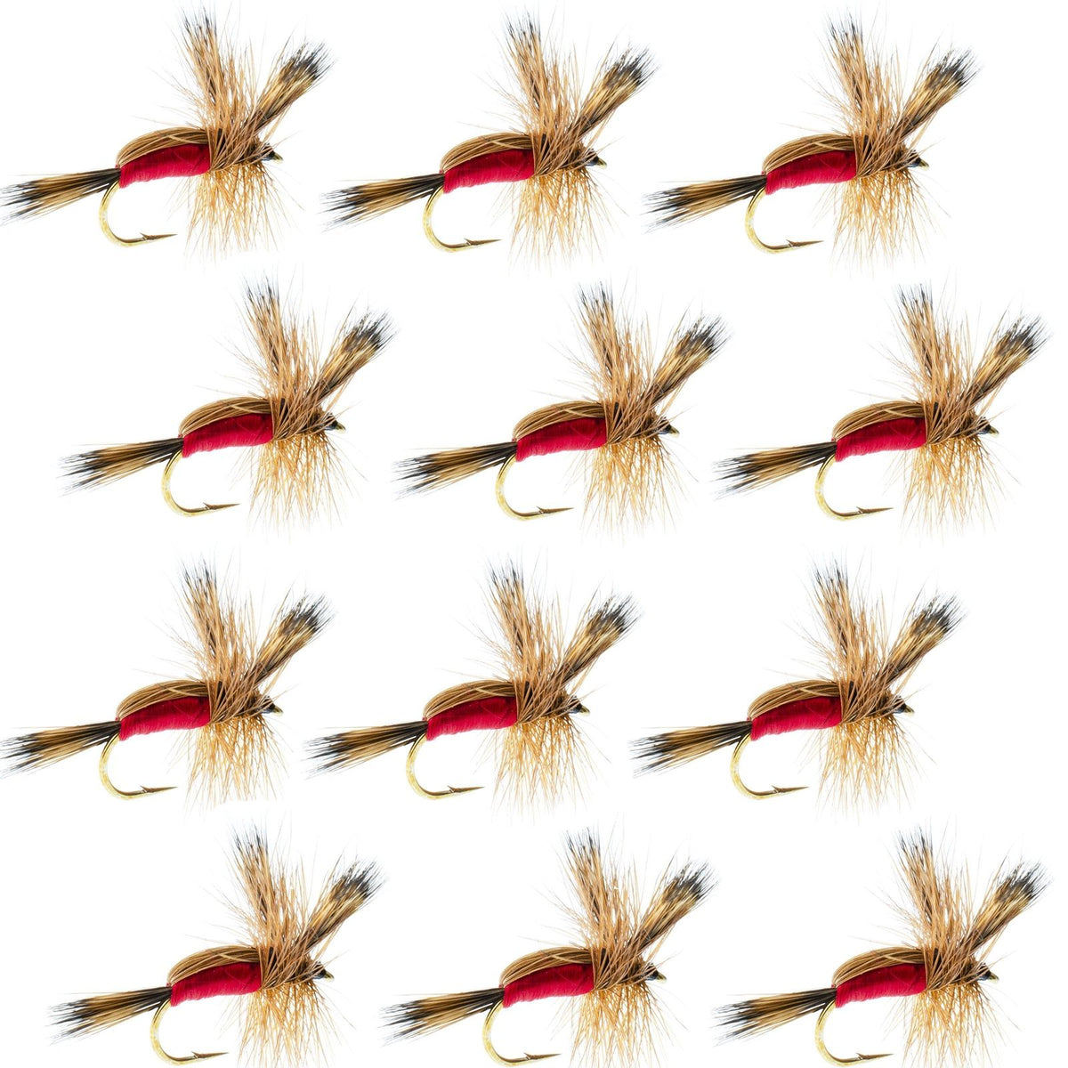 Set of 12 Red Humpy Classic Dry Fly fishing flies with hooks, size 12, designed for trout fishing by The Fly Fishing Place.