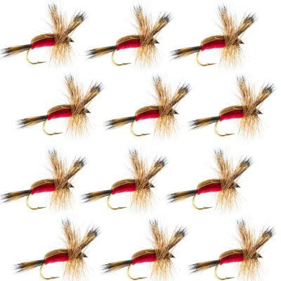 Set of 12 Red Humpy Classic Dry Fly fishing flies with hooks, size 12, designed for trout fishing by The Fly Fishing Place.