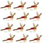 Set of 12 red Humpy Classic dry flies for trout fishing, size 16, with hooks, by The Fly Fishing Place.