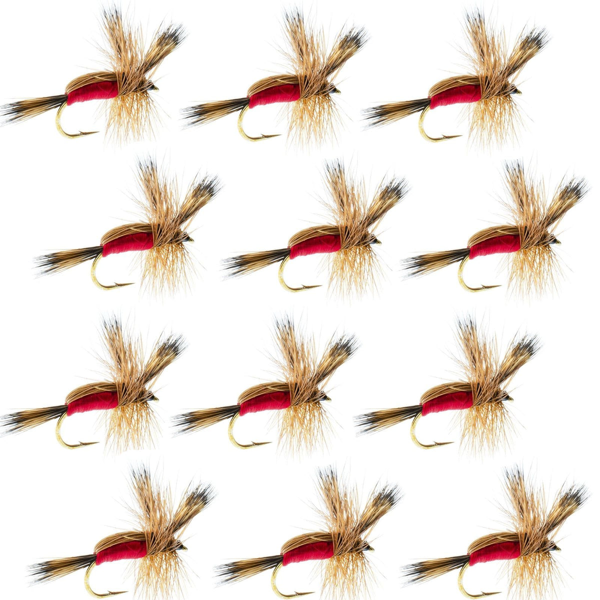 Set of 12 red Humpy Classic trout dry flies with size 14 hooks, designed for fly fishing by The Fly Fishing Place.