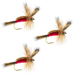 Set of three red Humpy Classic hair wing dry flies for trout fishing, hook size 14, by The Fly Fishing Place.