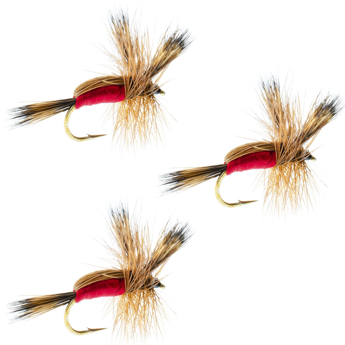 Set of three red Humpy Classic hair wing dry flies for trout fishing, hook size 14, by The Fly Fishing Place.