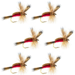 Set of 6 Red Humpy Classic Trout Dry Flies with size 16 hooks for fly fishing, featuring vibrant red wings by The Fly Fishing Place.