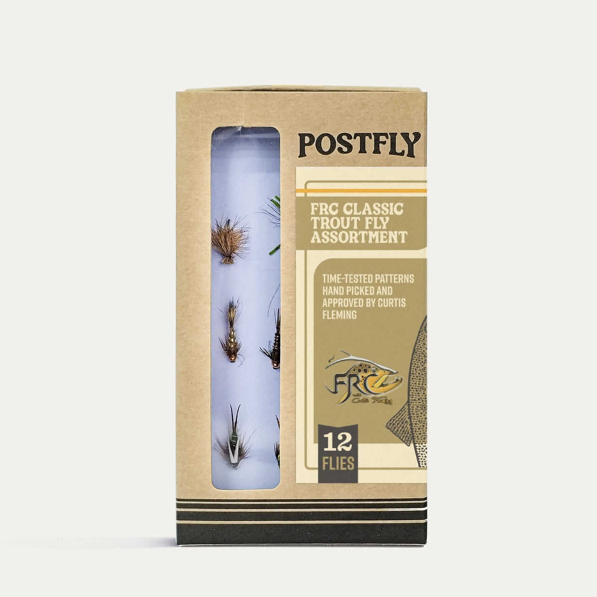 Postfly Fly Pack with 12 Classic Trout Fly Assortment, featuring various flies for trout fishing in a compact fly box.