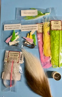 Light color Gurgler Tying Kit with Size 1/0 and 2 hooks from Clouser's Fly Shop, includes tying materials and tools.