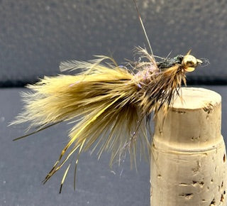 Clouser Swimming Nymph hand-tied by Bob Clouser with autographed card, showcasing detailed fishing fly on a plain background.