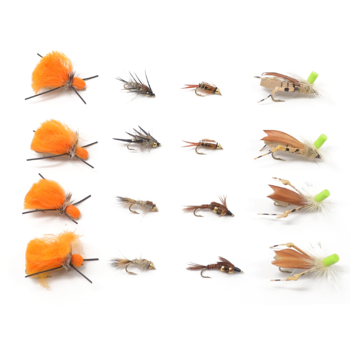 Assorted dry fly and dropper nymph fishing flies from The Fly Fishing Place, displayed on a fishing rig with 16 flies in the collection.