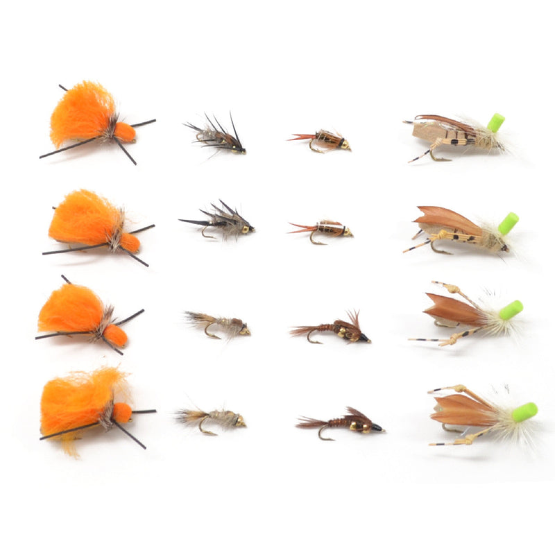 Assorted dry fly and dropper nymph fishing flies from The Fly Fishing Place, displayed on a fishing rig with 16 flies in the collection.
