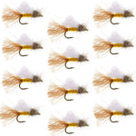 Set of 12 Amber Iris Caddis Emerger dry flies for trout fishing with size 16 hooks, by The Fly Fishing Place.