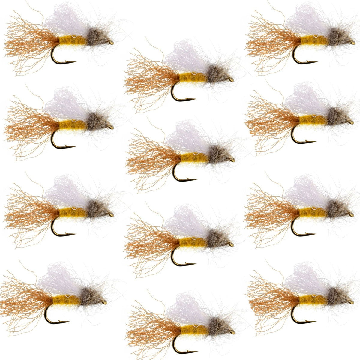 Set of 12 Amber Iris Caddis Emerger dry flies for trout fishing with size 16 hooks, by The Fly Fishing Place.