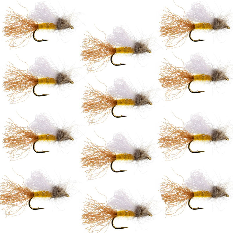 Set of 12 Amber Iris Caddis Emerger dry flies for trout fishing with size 16 hooks, by The Fly Fishing Place.