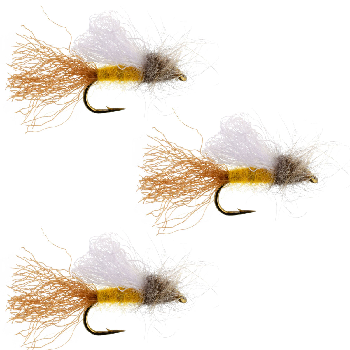 Set of 3 Amber Iris Caddis Emerger dry flies for trout fishing, hook size 14, by The Fly Fishing Place.