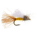 Three pack of Amber Iris Caddis Emerger dry flies for trout fishing, size 16, with realistic fly patterns and detailed hooks.
