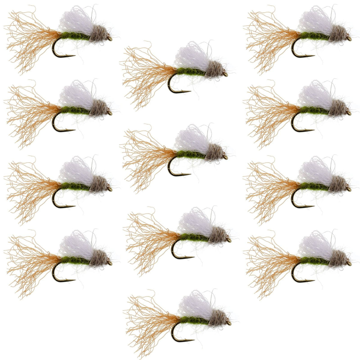 Set of 12 Olive Iris Caddis Emerger dry flies for trout fishing, size 16, by The Fly Fishing Place