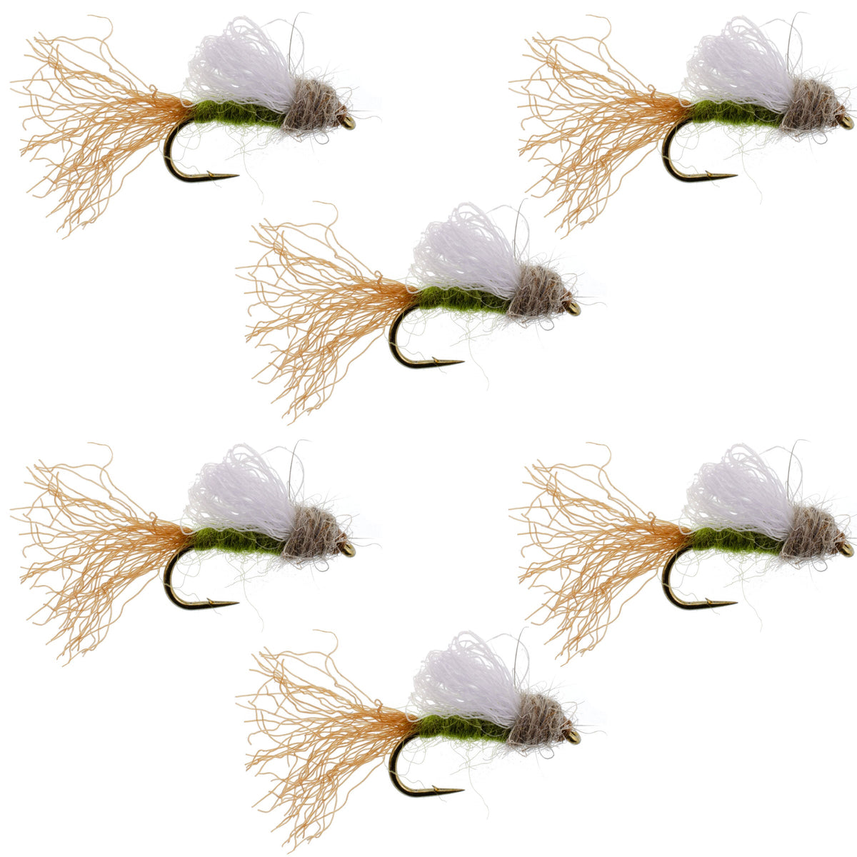 Set of six Olive Iris Caddis Emerger flies for trout fishing, size 14 hooks, designed by The Fly Fishing Place.