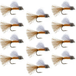 Set of 12 orange iris caddis emerger dry flies for trout fishing, size 8 hooks, from The Fly Fishing Place.