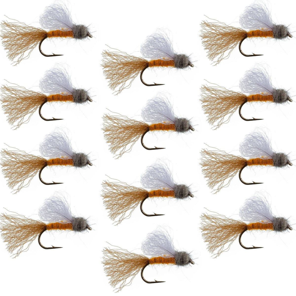 Set of 12 orange iris caddis emerger dry flies for trout fishing, size 8 hooks, from The Fly Fishing Place.