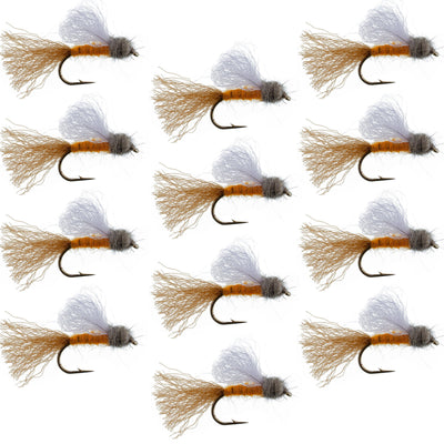 Set of 12 orange iris caddis emerger dry flies for trout fishing, size 8 hooks, from The Fly Fishing Place.