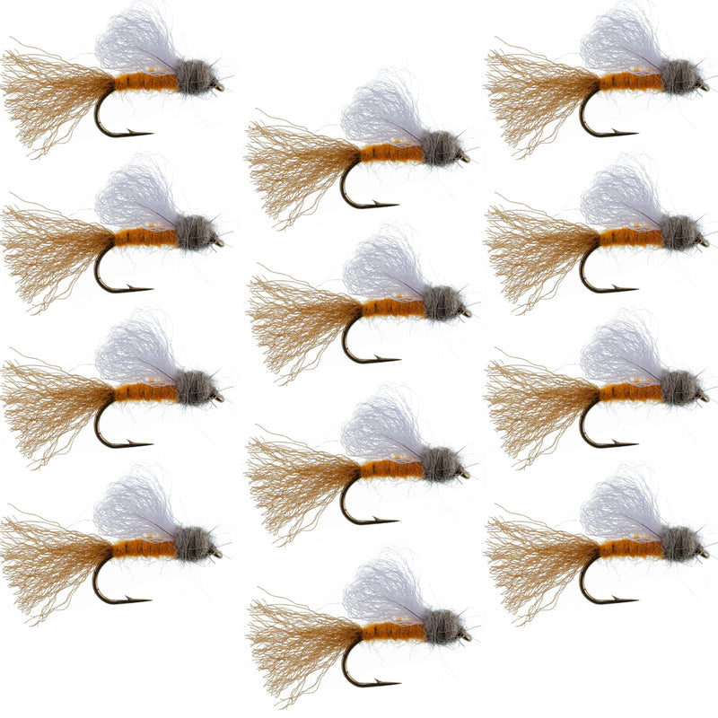 Set of 12 orange iris caddis emerger dry flies for trout fishing, size 8 hooks, from The Fly Fishing Place.