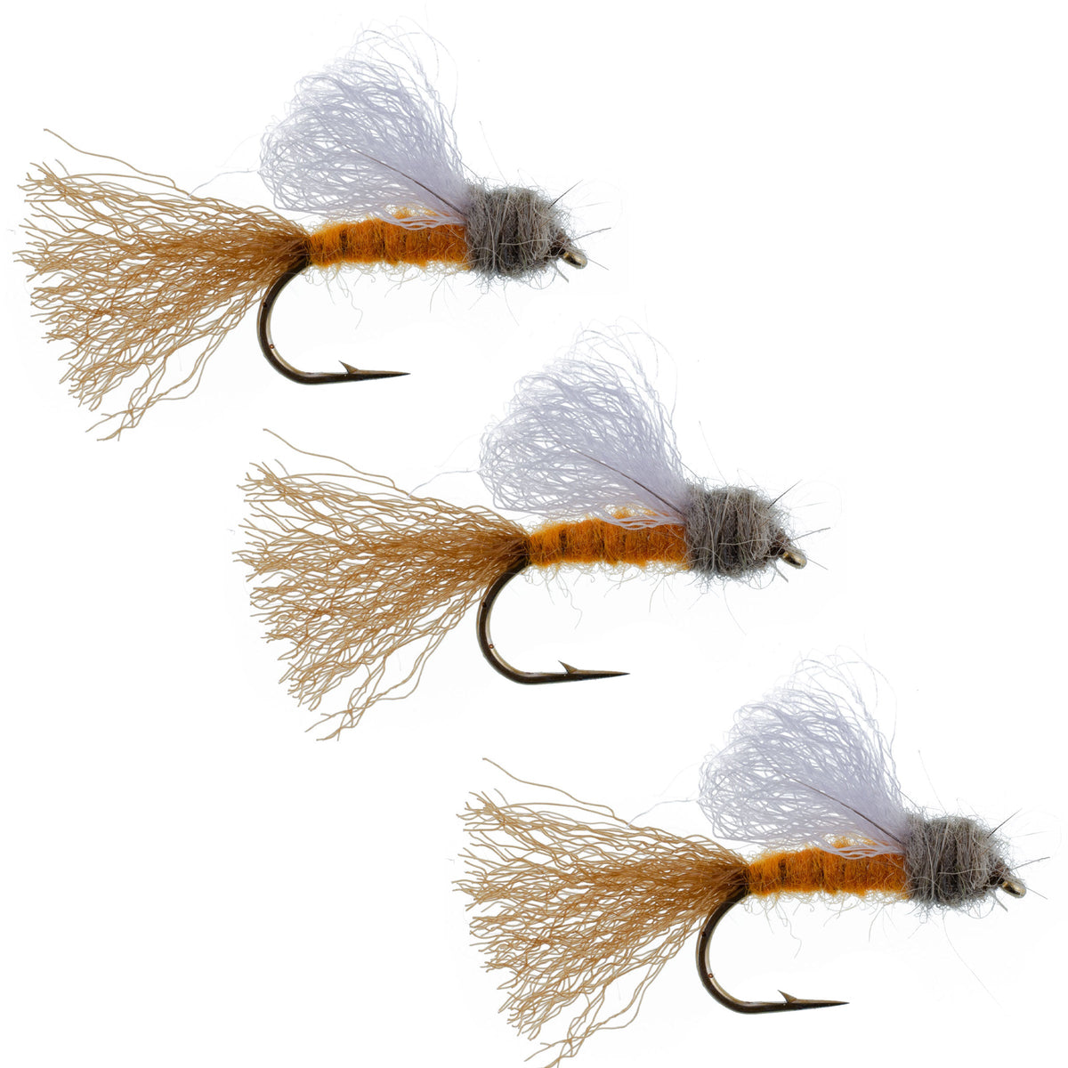 Set of three orange Iris Caddis Emerger dry flies for trout fishing, size 8 hooks, from The Fly Fishing Place.