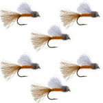 Set of six orange Iris Caddis Emerger dry flies for trout fishing, size 8, featuring realistic insect details by The Fly Fishing Place.